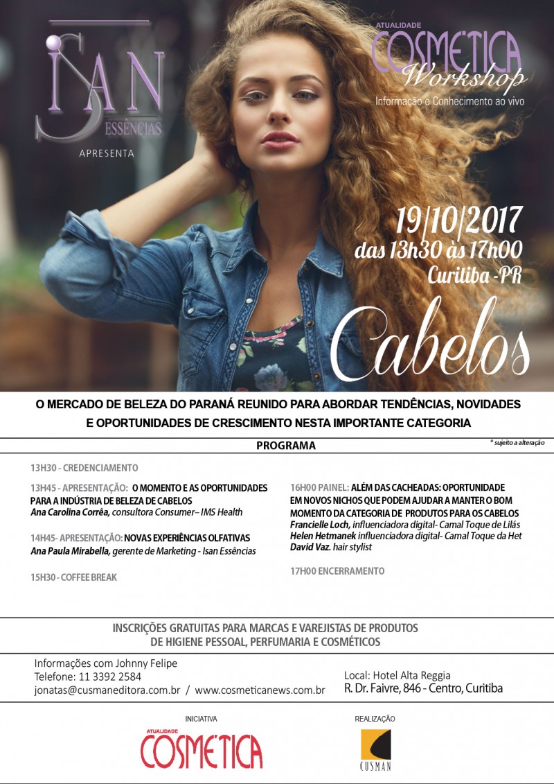 19 de outubro, quinta-feira: influenciadoras digitais. Venha debater junto com o mercado de perfumaria e produtos para pele no Atualidade Cosmética Workshop em Curitiba.