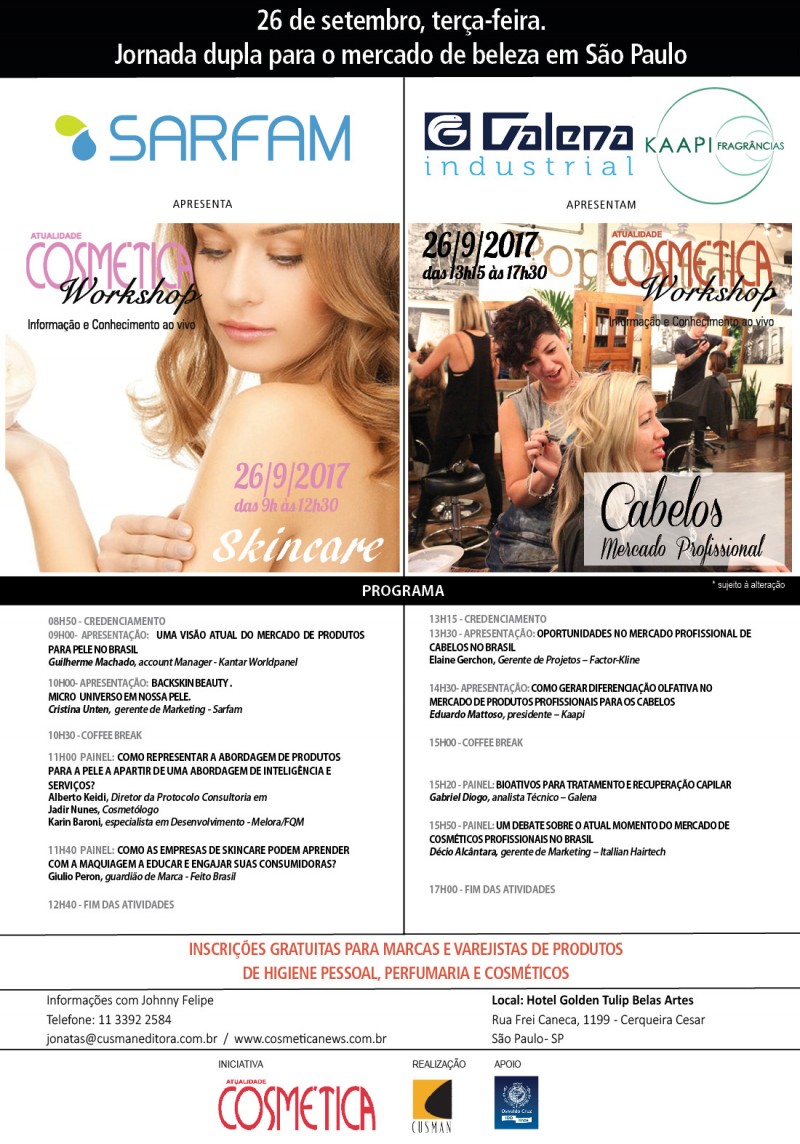 26 de setembro, terça-feira em São Paulo, Atualidade Cosmética Workshop. Inscrições gratuitas para profissionais da indústria cosmética.