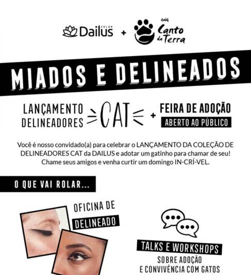 Dailus promove feira de adoção de gatos "Miados e Delineados", com palestras e workshops gratuitos no próximo domingo (2/6)