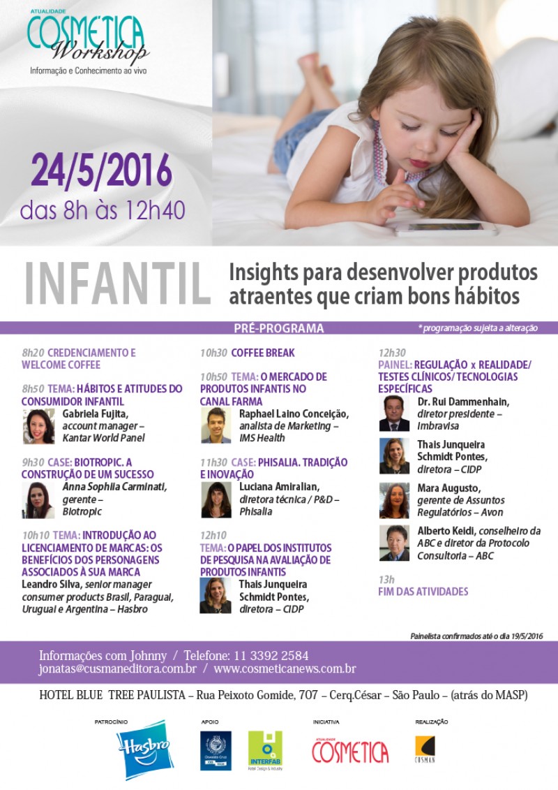  Workshop Atualidade Cosmética debate mercado de cosméticos infantis, na próxima terça-feira, em São Paulo